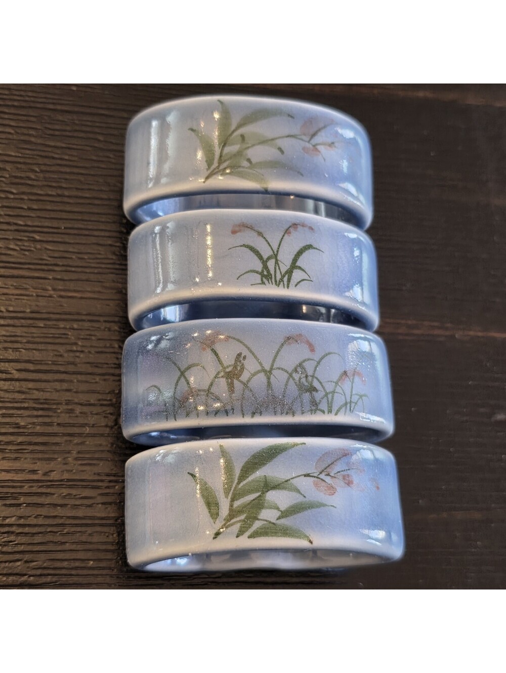 Set Of 4 Ceramic Floral Napkin Rings Light Blue Botanical Table Decor EUC